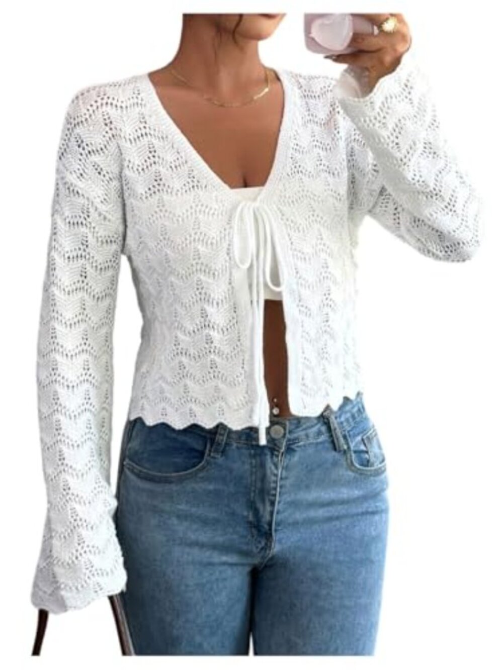 Women's Crochet Cropped Cardigan Tie Front V Neck Long Sleeve Hollow Out Knit